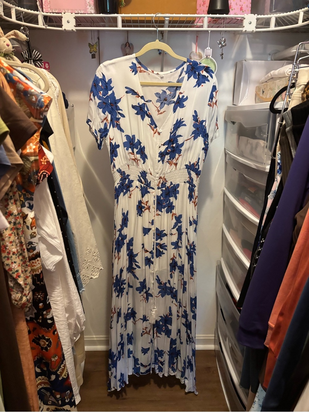 White Maxi Dress with Blue Floral Print - V-Neck, Short Sleeve